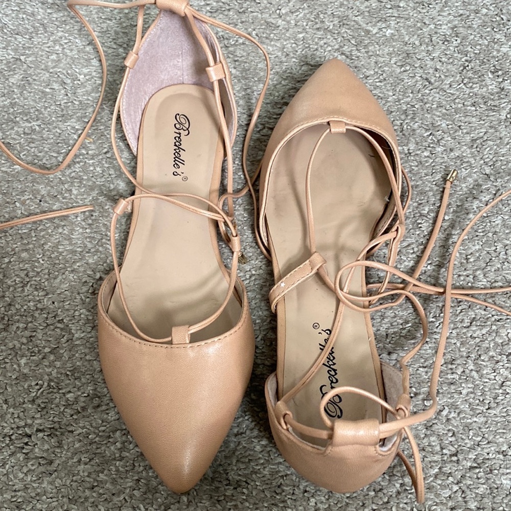 Breckells Nude Faux Leather Pointed Lace Up Flats Size 9